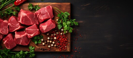 Top view of raw beef meat cut into cubes accompanied by a bunch of fresh parsley on a wooden cutting board This copy space image is perfect for cooking stews or other meat dishes with a brown dark sto