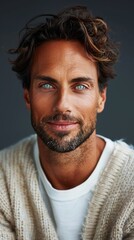 Obraz premium A close-up view of a person wearing a sweater, emphasizing facial features and garment details