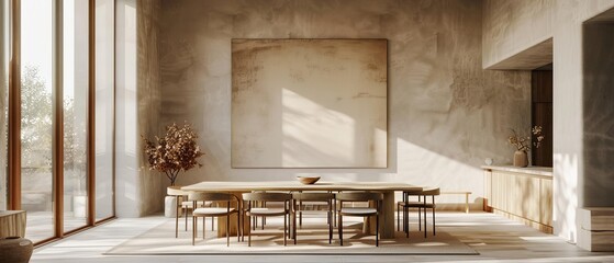 Digital mockup of a minimal dining room with neutral tones, featuring streamlined furniture and a large monochromatic canvas