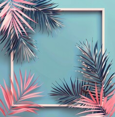 Square Frame With Palm Leaves on Blue Background