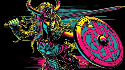 Fierce and Determined Viking Shieldmaiden Wielding Sword and Shield in Vibrant 80s Synthwave Style