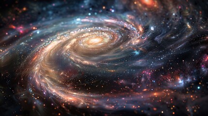 Obraz premium A spiral galaxy with bright core and swirling arms dotted with stars against the cosmos.