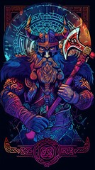 Fierce Viking Warrior Wielding Battle Axe with Intricate Norse Runes and Symbols in Synthwave Style