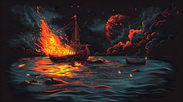 Fiery Viking Funeral Pyre on a Stormy Seascape with Mourning Silhouettes
