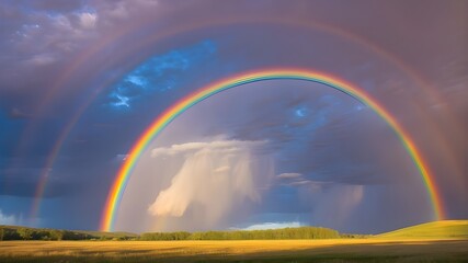 Obraz premium As the rain clears, a magnificent rainbow appears in the sky, its arch reaching from one end to the other in a breathtaking display of color.