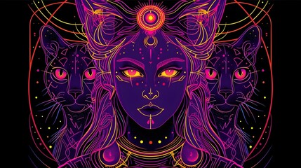 Freyja Goddess of Love and Fertility Adorned with Brsingamen Necklace and Accompanied by Feline Companions in Vivid 80s Synthwave Aesthetic