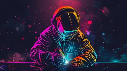 Futuristic Welder Fusing Steel Beams in a Synth Inspired Industrial Environment with Vibrant Neon Hues