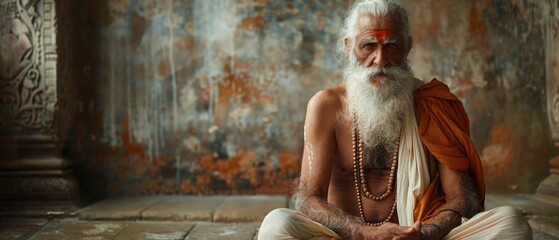 A wise guru with flowing white beard sits quietly in meditation in a pose of peace and introspection