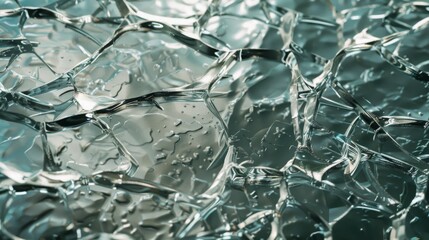 A detailed look at the intricate patterns of cracked glass with light reflecting through.