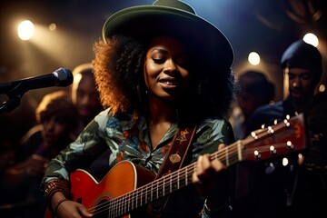 Obraz premium Black woman playing guitar and holding a microphone.