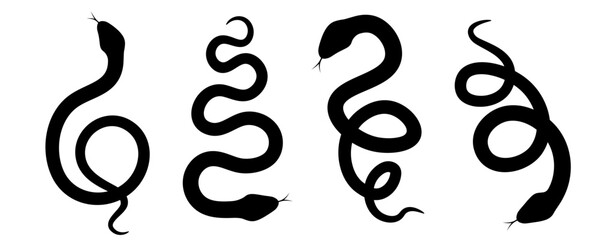 Set with black silhouettes of snakes. Twisted snakes isolated on a transparent background. Vector illustration