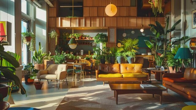 Plant lover's home decoration. Modern bright style interior living room with minimalist sofa and tropical plants. Natural light. Modern living room. Living room with full of plants. Environment Day