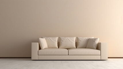 Beige sofa with cushions against a white blank wall, modern interior in a minimalist style