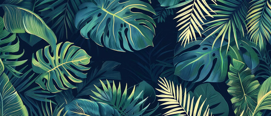 Vibrant tropical palm print featuring lush monstera leaves and ferns in shades of green.