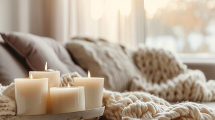 Burning candles in a cozy room interior in light beige colors in daylight