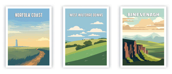 Norfolk Coast, West Wiltshire Downs, Binevenagh Illustration Art. Travel Poster Wall Art. Minimalist Vector art