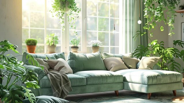 Plant lover's home decoration. Modern bright style interior living room with minimalist sofa and tropical plants. Natural light. Modern living room. Living room with full of plants. Environment Day