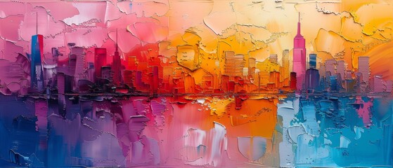 Dreaming of urban life. This colorful abstract painting depicts a vibrant cityscape with vivid colors that capture the energy and vibrancy of city life