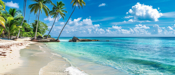 Lush green palm trees sway in the breeze beside crystal clear turquoise waters in paradise.