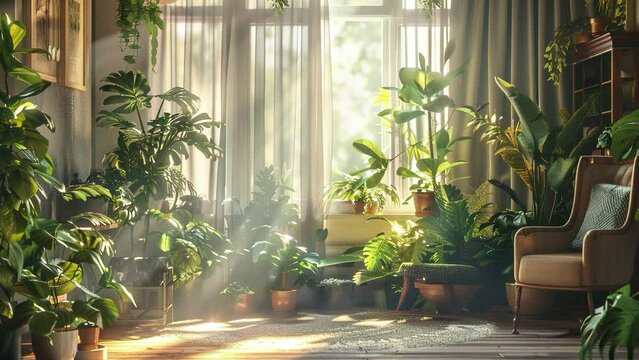 Plant lover's home decoration. Living room for house plant lovers. Environment Day. Abundant potted plants indoors. Plant and environmental lover. Sunlight shining into the room. Modern living room