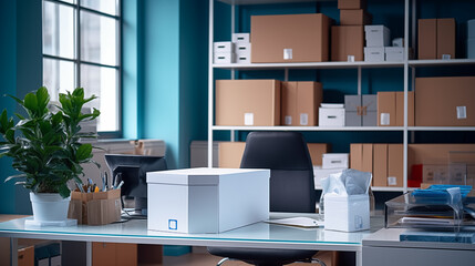 Déménagement dans des bureaux, locaux professionnels. Cartons, boîte de rangement. Business, travail, intérieur. Pour conception et création graphique.