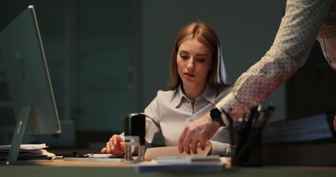Businesswoman crumpling and throwing away employee resignation letter in office 4k movie slow motion. Refusal to sign contract concept