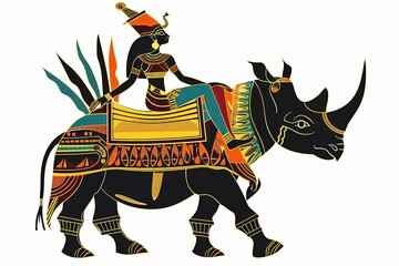 Egyptian queen riding a rhino vector simple illustration