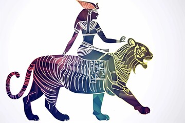 Egyptian queen riding a tiger vector simple illustration