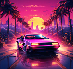 Retro car on beach at sunset. Retro-futuristic landscape with palm trees, auto on highway at rising...