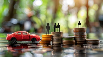 A red toy car sits on top of a pile of coins. The car is surrounded by three people, each holding a stack of coins. Concept of saving money and the importance of financial planning