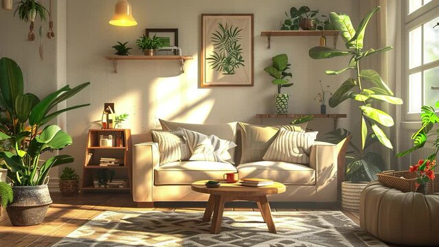 Plant lover's home decoration. Modern bright style interior living room with minimalist sofa and tropical plants. Natural light. Modern living room. Living room with full of plants. Environment Day