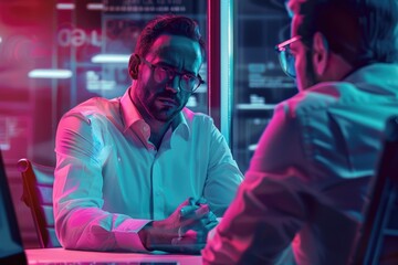 Obraz premium Two men sitting at a table with a laptop. Suitable for business and technology concepts