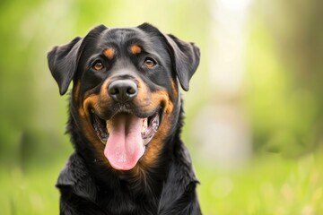 Happy Rottweiler Dog with a Gleaming Smile in a Lush Green Background - Generative AI