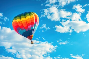 Naklejka premium Colorful Hot Air Balloon Soaring High in a Clear Blue Sky for Adventurous Escape - Generative AI