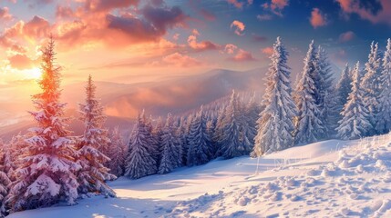Breathtaking Winter Sunset Over Snowy Mountains, Illuminating Frosty Trees, Generative AI