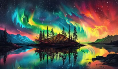 Spectacular Display of Colorful Northern Lights Over Serene Mountain Lake, Generative AI