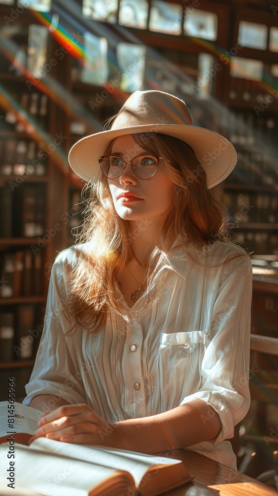 Poster a woman is seated at a table, engrossed in a book. she is focused on the pages, with a gesture of co