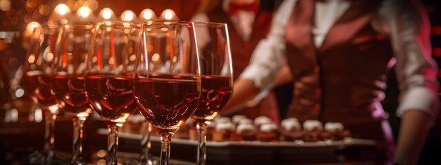 Waiters from catering service with wine glasses on the event. Buffet table celebration of wine tasting. Nightlife, celebration and entertainment concept.  wide banner format, digital ai