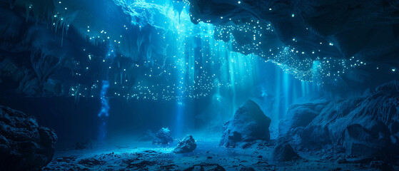 Mysterious underwater cave illuminated by glowing bioluminescent creatures, creating a magical and enchanting atmosphere.
