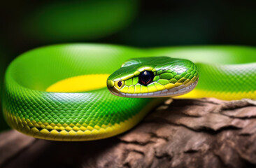 Obraz premium A green snake crawls along a tree branch in close-up against a blurry forest background