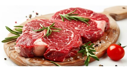 Raw Rib Eye steak in close detail, emphasizing the freshness and marbling, isolated with precise studio lighting for advertising