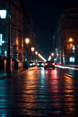 Fototapeta na wymiar Colorful background of night street with defocused light cars and street lamps. Abstract backdrop of bokeh blurred lights at city life. Concept of cityscape backgrounds for design. Copy text space