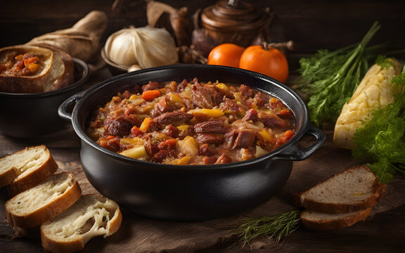 Polish bigos, hearty stew, sauerkraut, various meats, bread side, cast iron pot