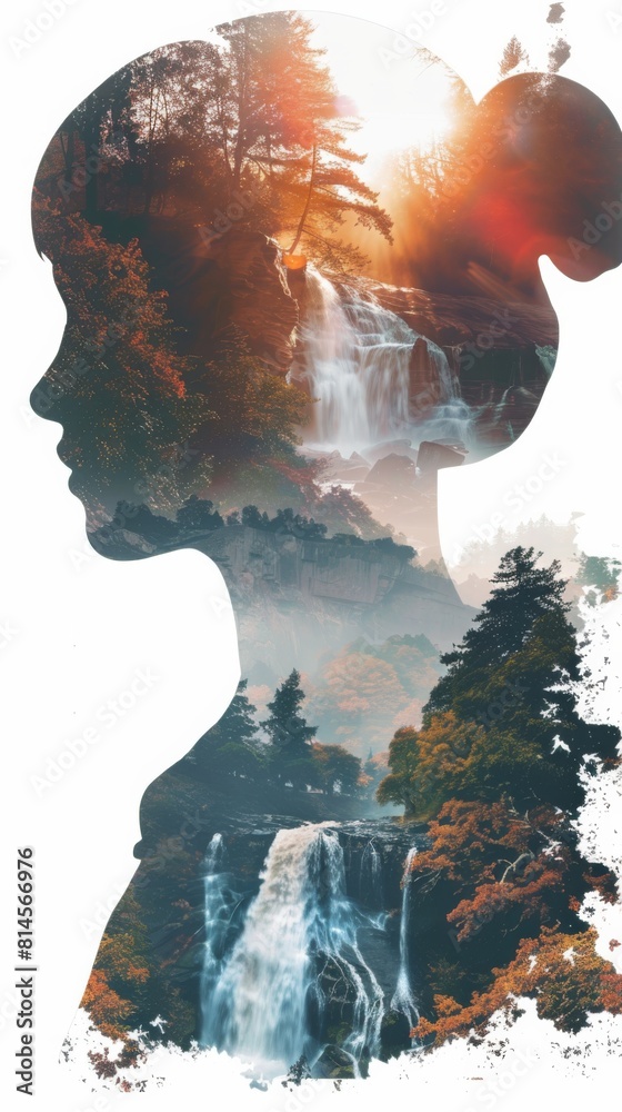 Poster a womans profile is in focus against a blurred waterfall in the background. the womans silhouette is