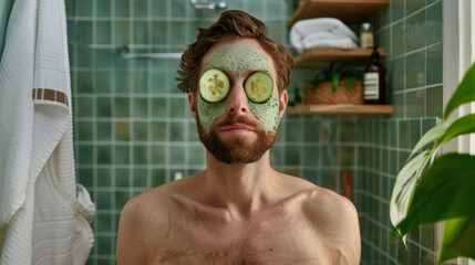 An unshaven man sitting with cucumber slices on his face as part of a skincare routine
