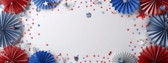 Obraz premium White banner with red, white and blue paper fans with confetti, empty copy space. Holiday concept for 4th of July, President's Day, Independence Day, US National Day, Labor Day, Fourth of July
