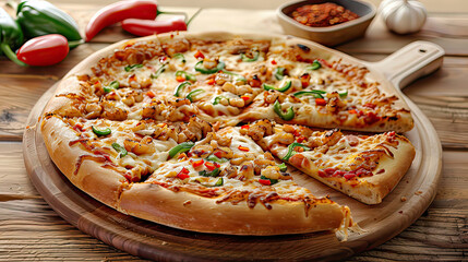 Slice of hot pizza large cheese lunch or dinner crust seafood meat topping sauce. with bell pepper vegetables delicious tasty fast food italian traditional on wooden board table classic in side view 