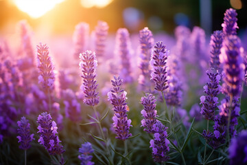 Lavender flowers in the garden. Soothing Sunset Glow Over Lavender Field. Generative AI