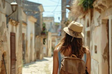 A woman walking down a narrow street while carrying a backpack. Suitable for travel and urban lifestyle concepts