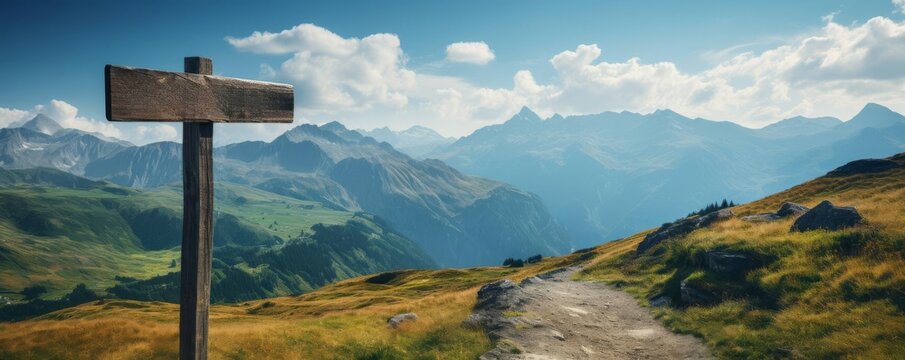 Simple wooden signpost with empty arrows, ideal for adding text, located at a scenic mountain trailhead
